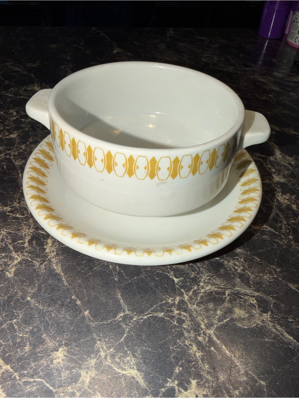White Ceramic Gold-Accent Soup Bowl with Saucer